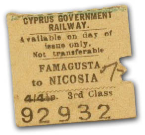 Cyprus Rail ticket for travel from Famagusta to Nicosia - 3rd Class.