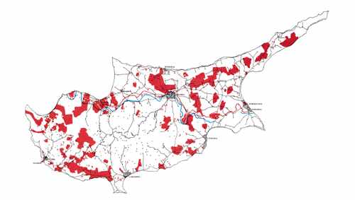 Between 1963-1974 Turkish-Cypriots were forced to live in small ghettos in Cyprus shown in red on the map